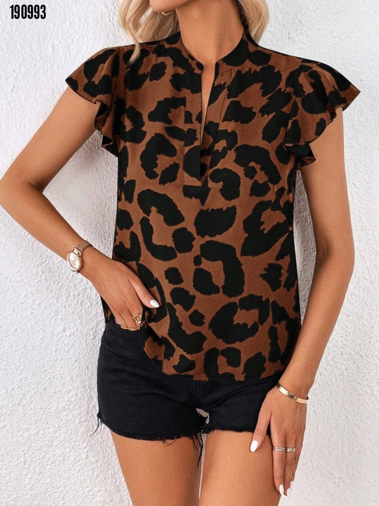 Kadın kısa fırfır kollu v yakalı leopar desenli süprem bluz