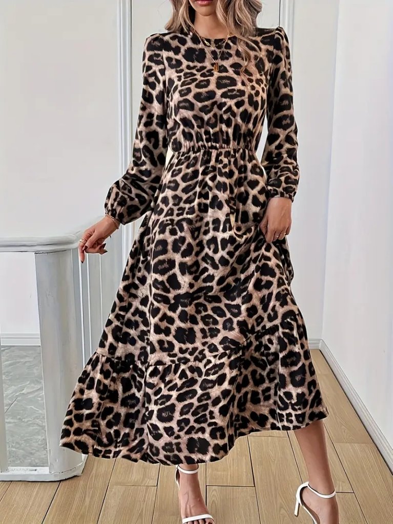 Uzun Kollu Bisiklet Yaka Leopar Desenli Midi Süprem Elbise (175234)