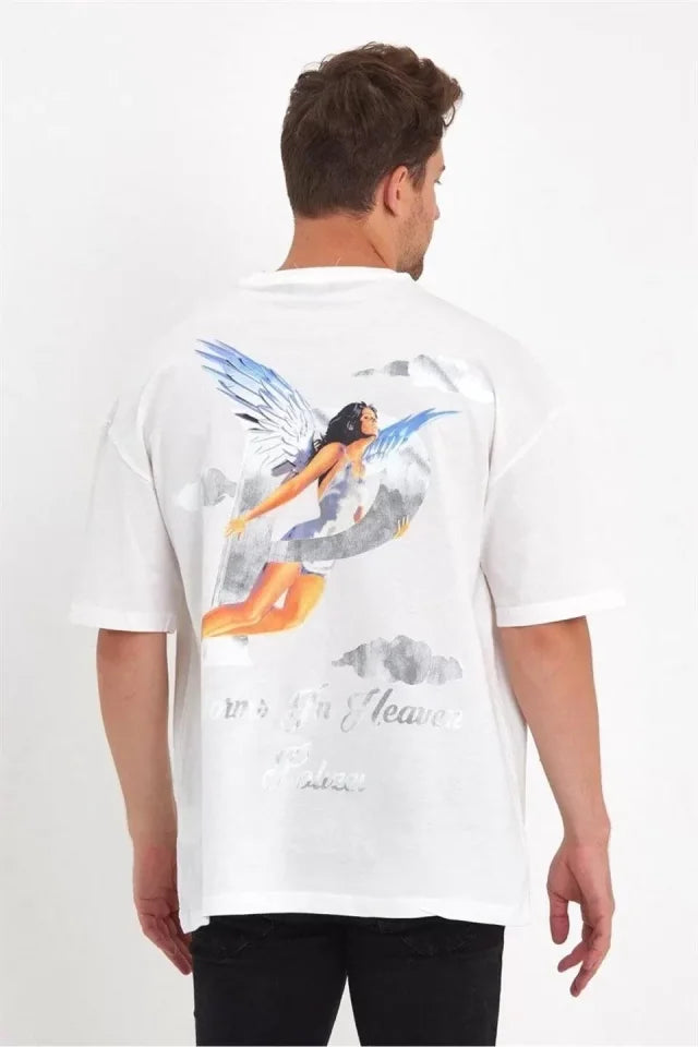 Erkek Melek Baskılı Oversize T-shirt - Beyaz (92610)