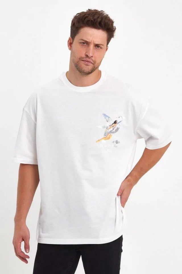 Erkek Melek Baskılı Oversize T-shirt - Beyaz (92610)