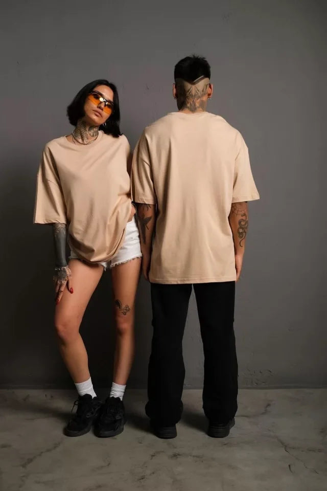 Erkek 24/1 Düz A Kalite Oversize T-shirt - Bej (92620)