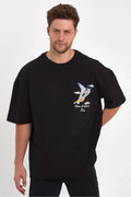 Erkek Melek Baskılı Oversize T-shirt - Siyah (92664)