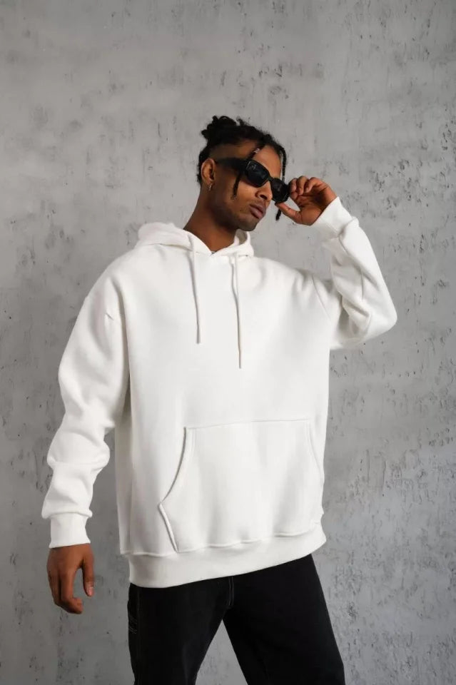 Erkek Düz Kapüşonlu Sweat - Beyaz (92680)