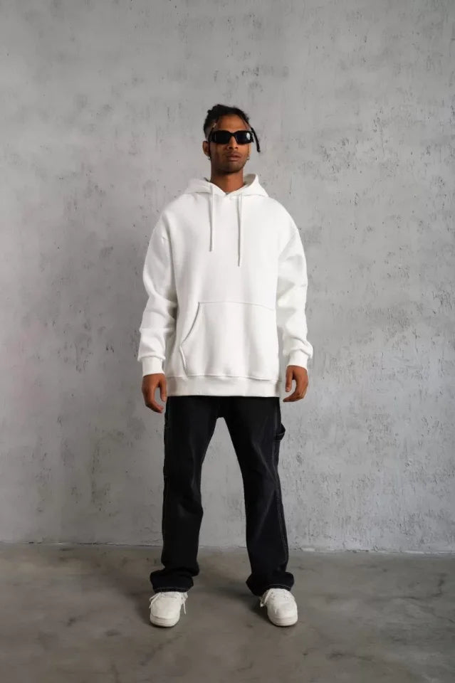 Erkek Düz Kapüşonlu Sweat - Beyaz (92680)