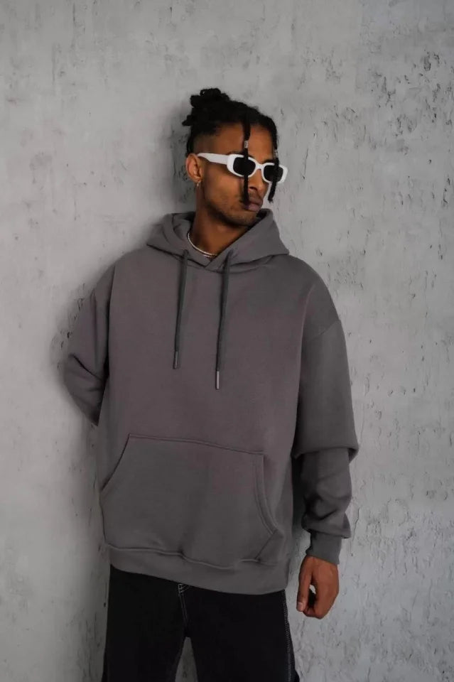 Erkek Düz Kapüşonlu Sweat - Gri (92682)