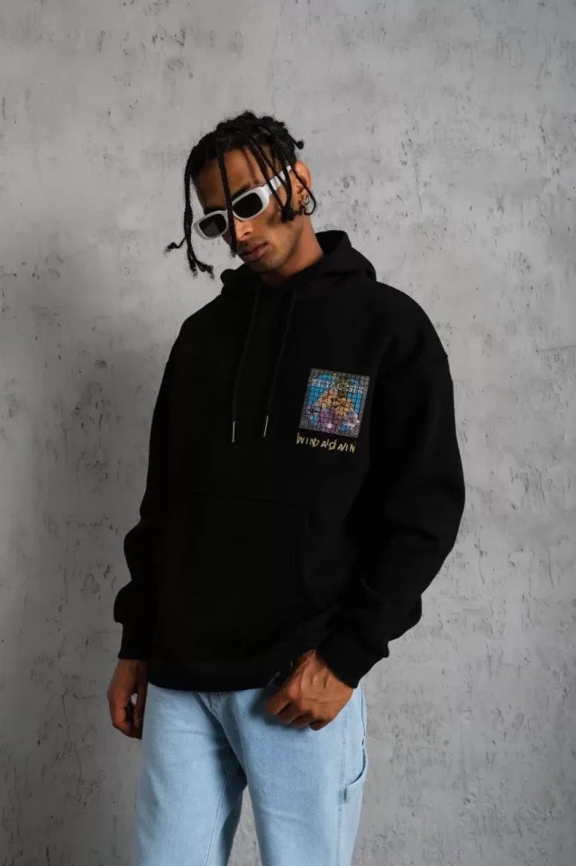 Erkek Patel Six Baskılı Kapüşonlu Sweat - Siyah (92689)