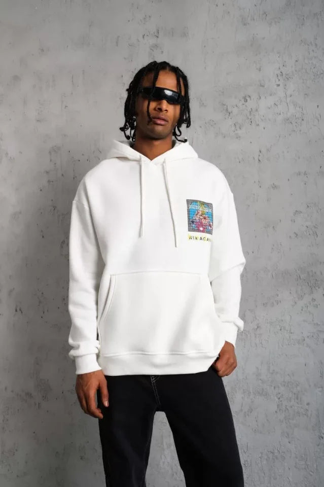 Erkek Patel Six Baskılı Kapüşonlu Sweat - Beyaz (92690)