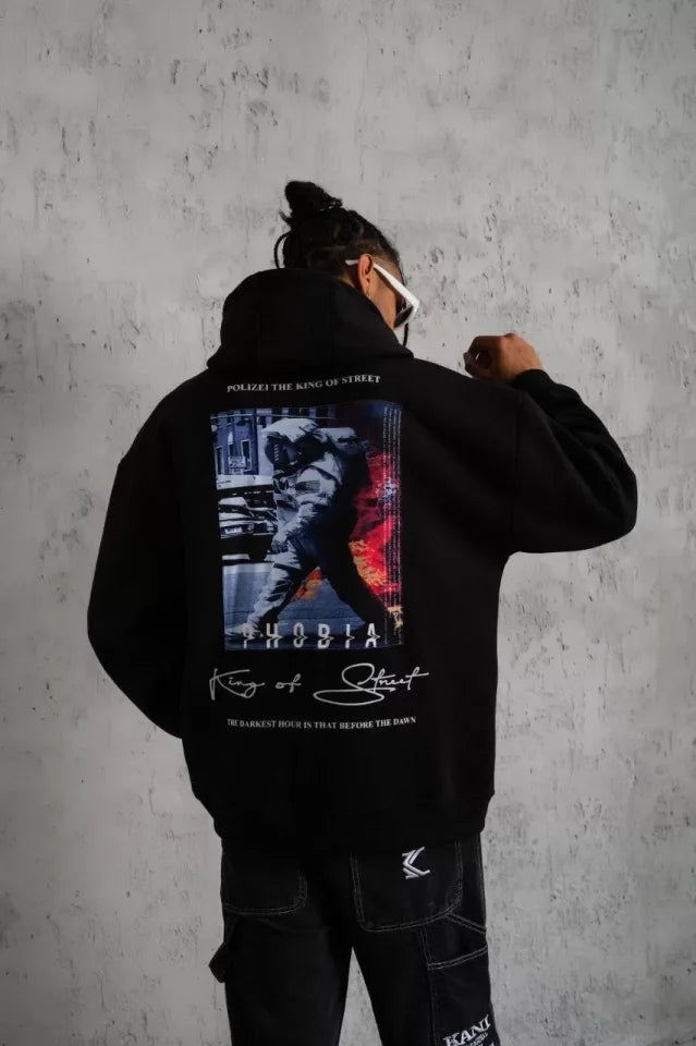 Erkek Astronot Baskılı Kapüşonlu Sweat - Siyah (92699)