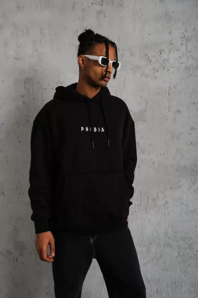 Erkek Astronot Baskılı Kapüşonlu Sweat - Siyah (92699)
