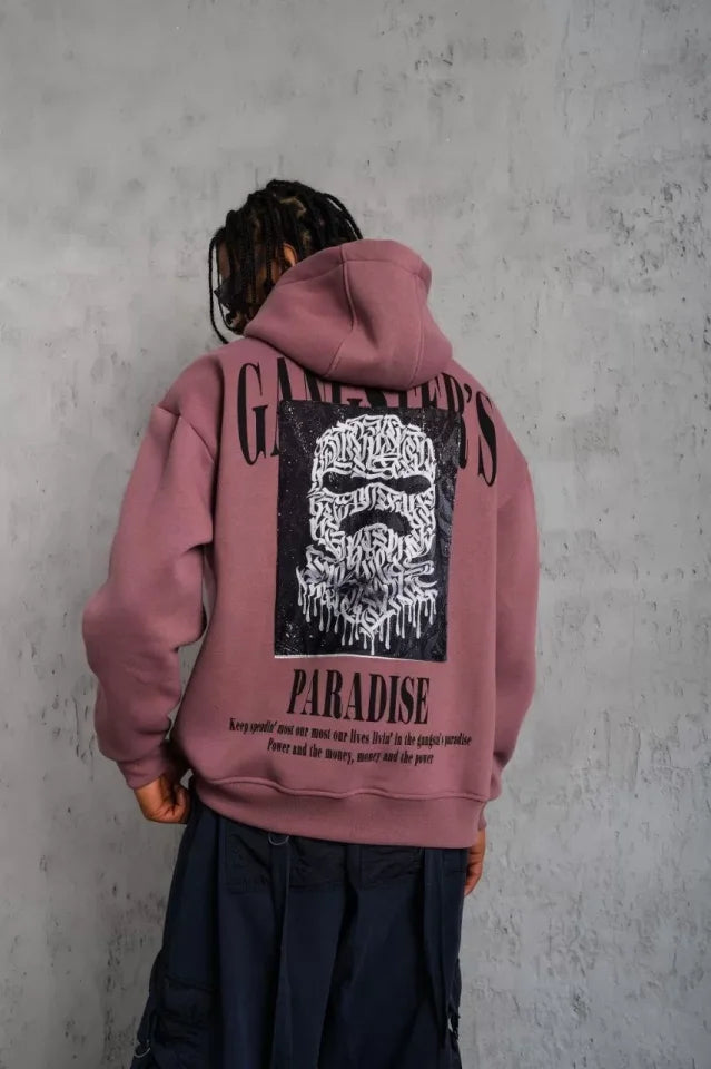 Erkek Paradise Baskılı Kapüşonlu Sweat - Gül Kurusu (92702)