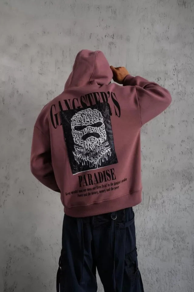 Erkek Paradise Baskılı Kapüşonlu Sweat - Gül Kurusu (92702)