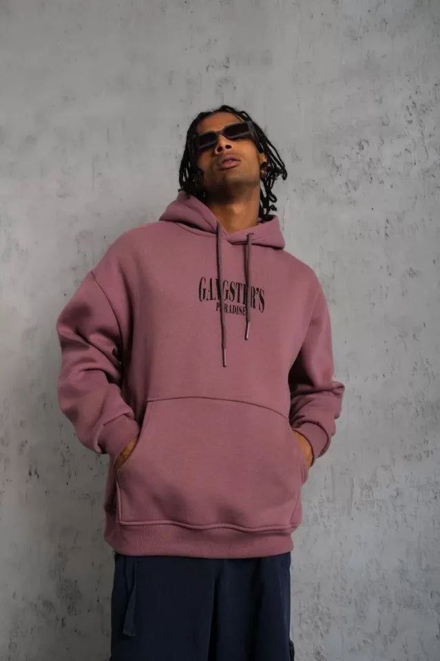 Erkek Paradise Baskılı Kapüşonlu Sweat - Gül Kurusu (92702)
