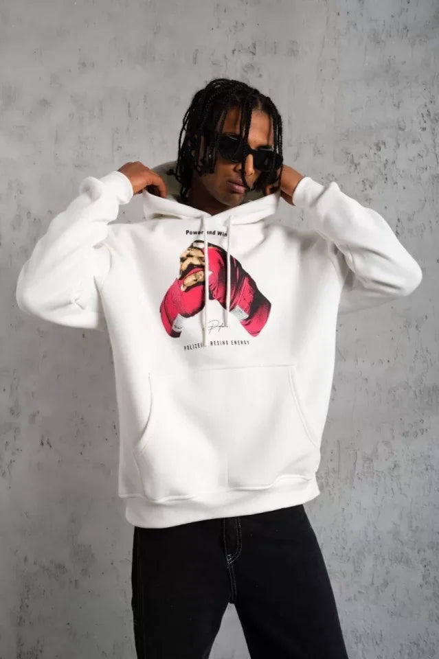 Erkek Eldiven Baskılı Kapüşonlu Sweat - Beyaz (92704)