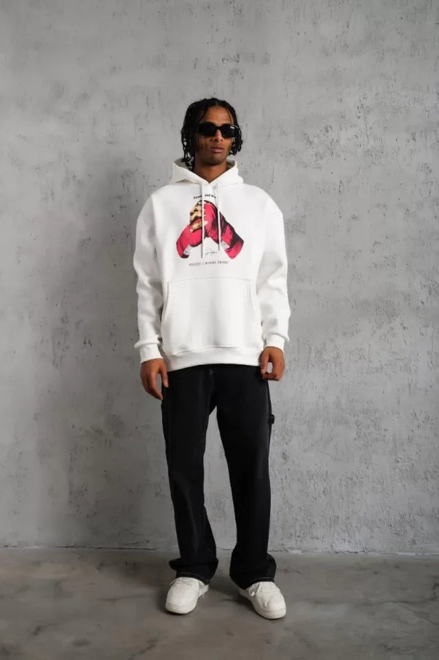 Erkek Eldiven Baskılı Kapüşonlu Sweat - Beyaz (92704)