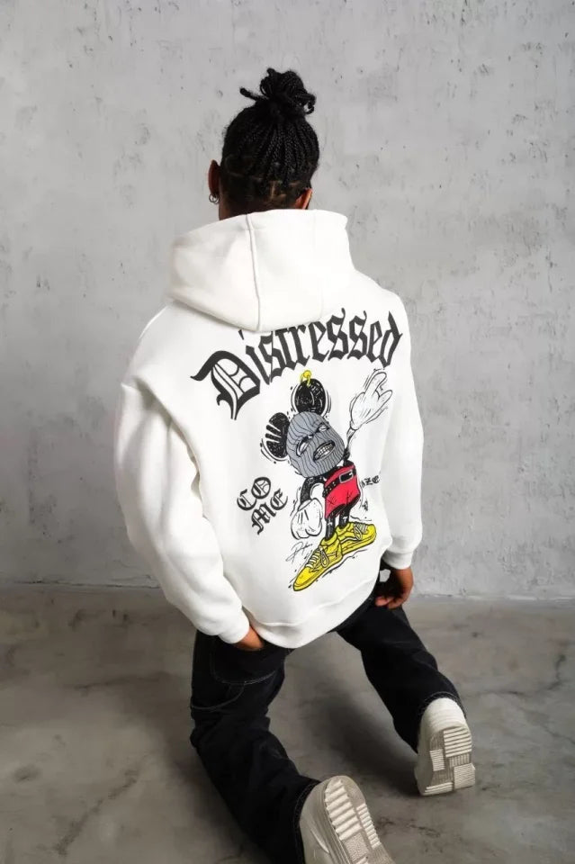 Erkek Üç İplik Baskılı Kapüşonlu  Sweat - Beyaz (92707)
