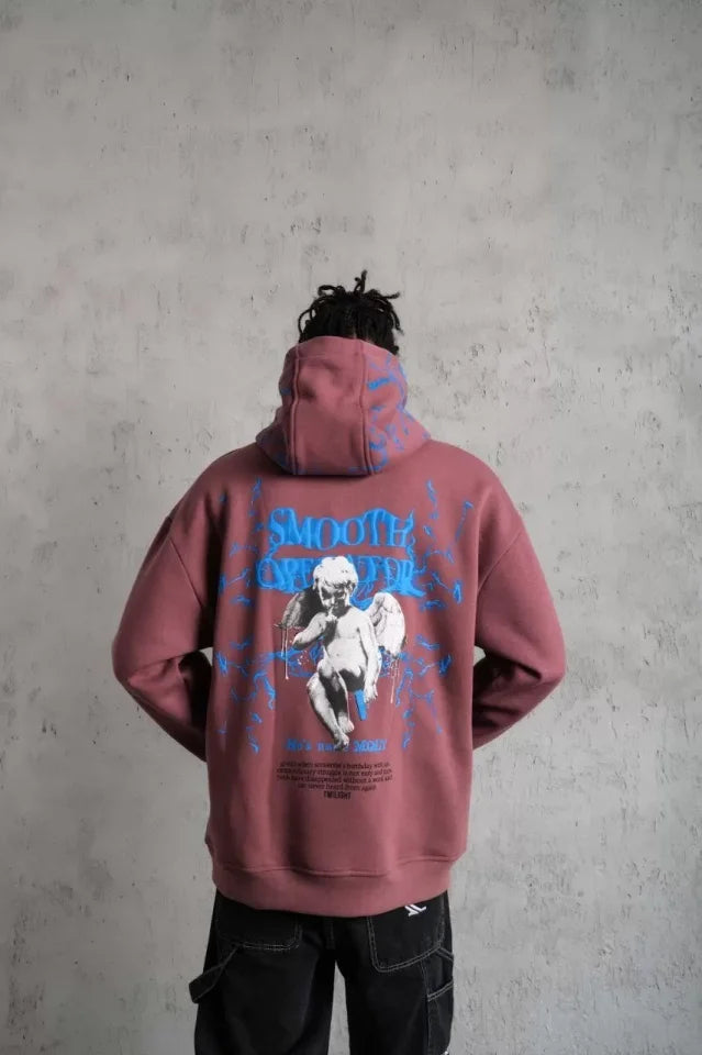 Erkek Yıldırım Baskılı Kapşonlu Sweat - Gül Kurusu (92727)