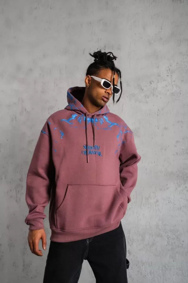 Erkek Yıldırım Baskılı Kapşonlu Sweat - Gül Kurusu (92727)