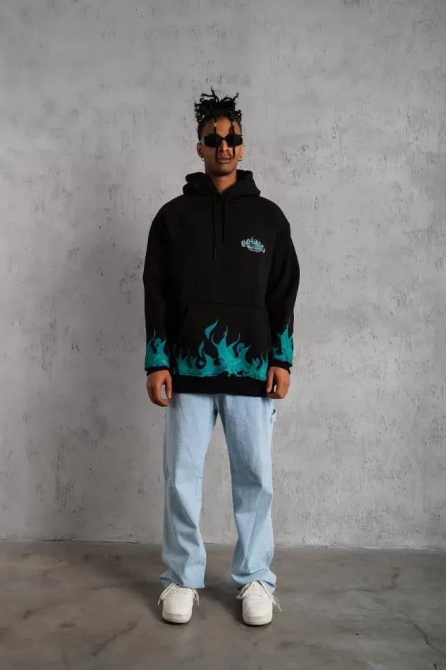Erkek Üç İplik İçi Pamuklu Alev Baskılı Kapüşonlu Sweatshirt - Siyah (92757)
