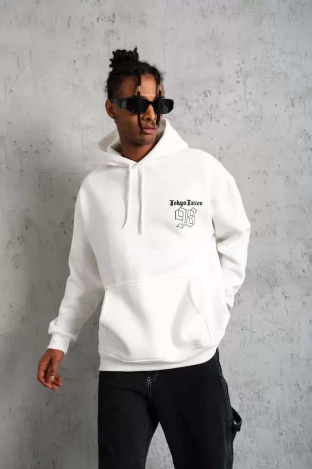 Erkek 98 Baskılı Kapşonlu Sweat - Beyaz (92765)