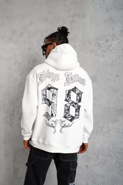 Erkek 98 Baskılı Kapşonlu Sweat - Beyaz (92765)
