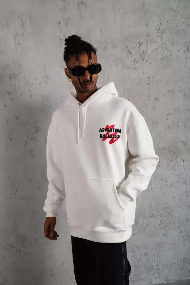 Erkek Şapkalı Güvercin Baskılı Kapşonlu Sweat - Beyaz (92769)
