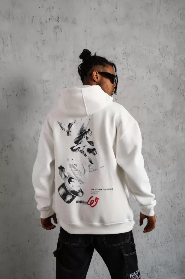 Erkek Şapkalı Güvercin Baskılı Kapşonlu Sweat - Beyaz (92769)