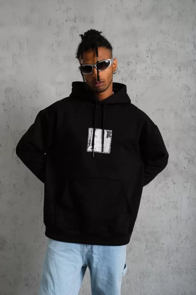 Erkek Ön Arka Baskılı Kapşonlu Sweat - Siyah (92780)