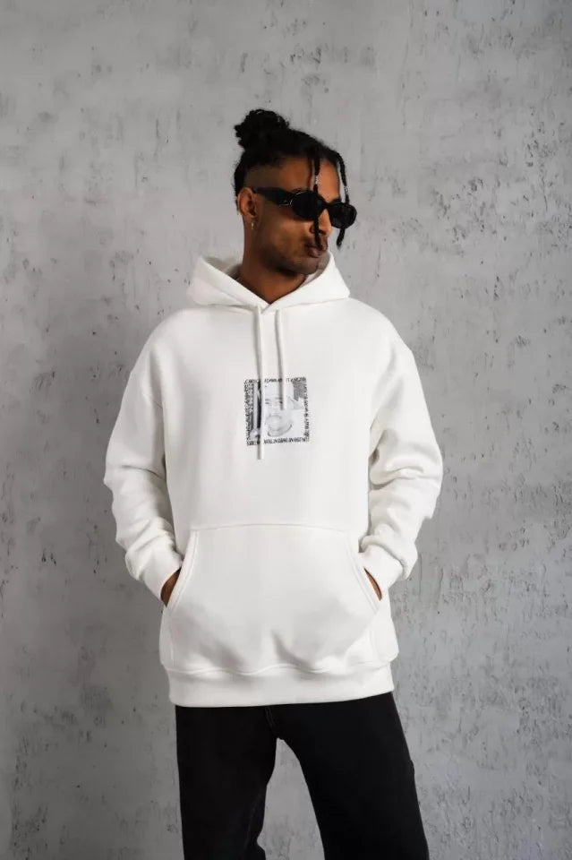 Erkek Ön Arka Baskılı Kapşonlu Sweat - Beyaz (92781)