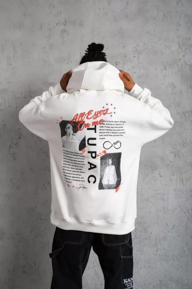 Erkek Ön Arka Baskılı Kapşonlu Sweat - Beyaz (92781)