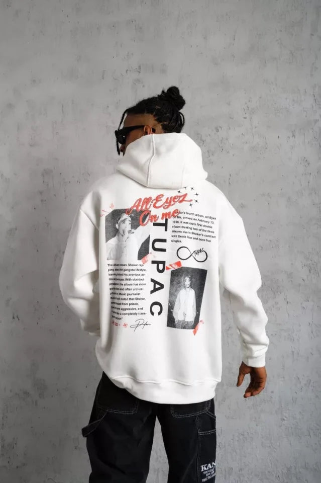 Erkek Ön Arka Baskılı Kapşonlu Sweat - Beyaz (92781)