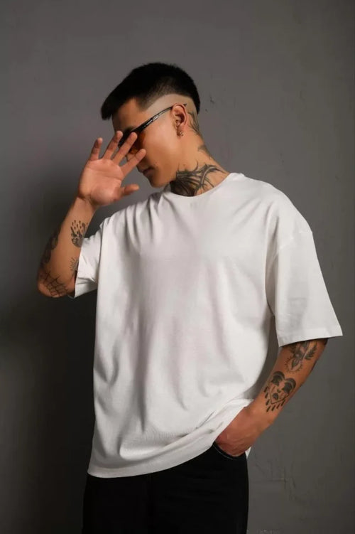 Erkek 24/1 Düz A Kalite Oversize T-shirt - Beyaz (92803)