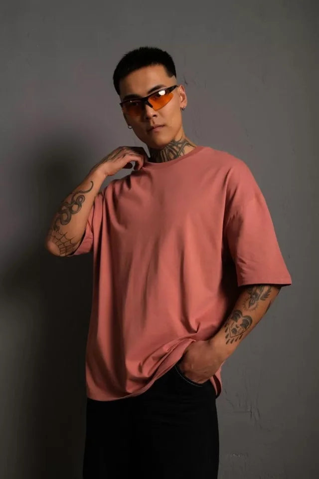 Erkek 24/1 Düz A Kalite Oversize T-shirt - Gül Kurusu (92804)