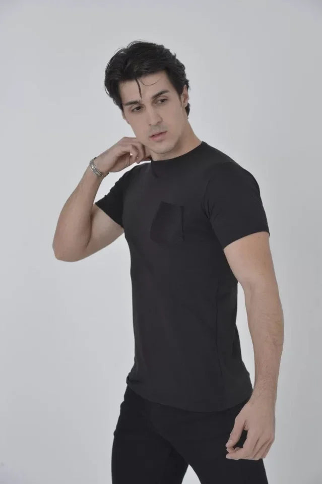Erkek File Cepli Slim Fit T-shirt - Siyah (92821)