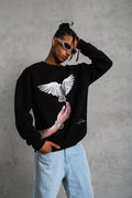 Erkek Güvercin Baskılı Sweatshirt - Siyah (92827)