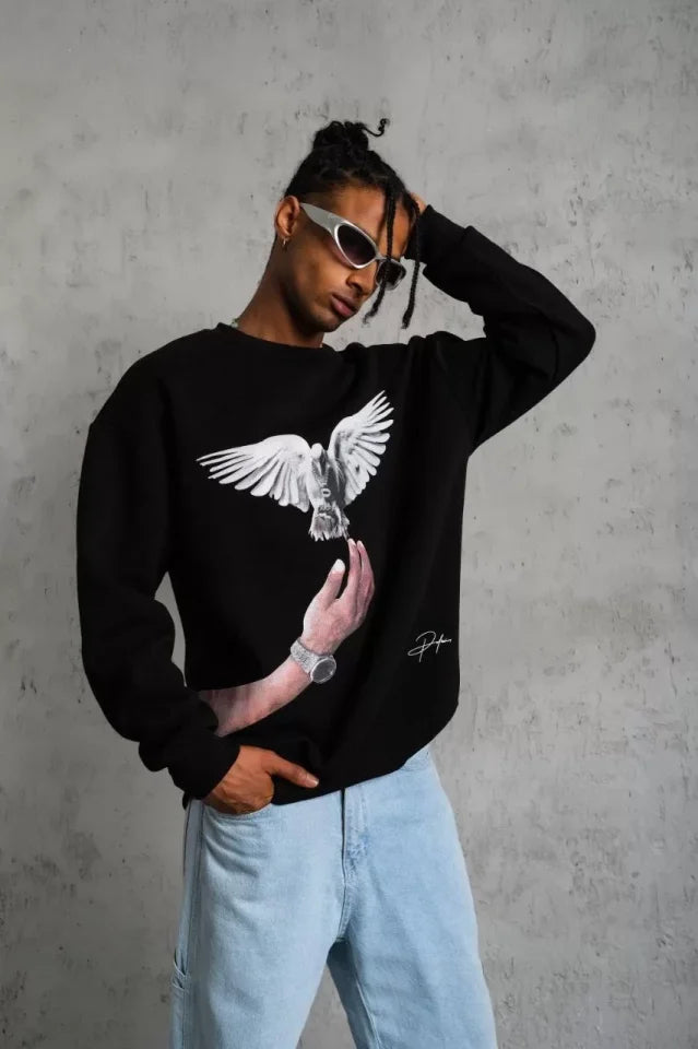 Erkek Güvercin Baskılı Sweatshirt - Siyah (92827)
