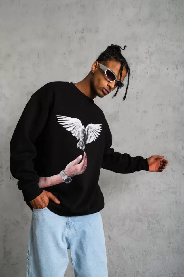 Erkek Güvercin Baskılı Sweatshirt - Siyah (92827)