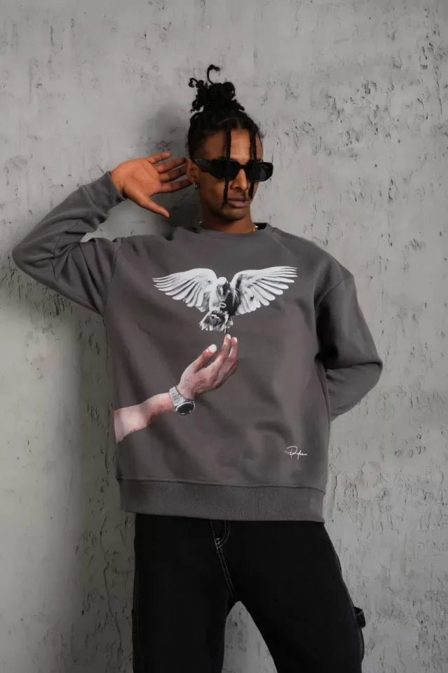 Erkek Güvercin Baskılı Sweatshirt - Gri (92830)