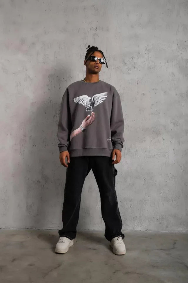 Erkek Güvercin Baskılı Sweatshirt - Gri (92830)
