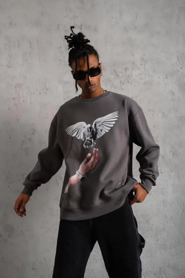 Erkek Güvercin Baskılı Sweatshirt - Gri (92830)