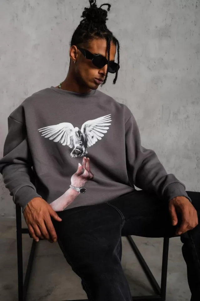 Erkek Güvercin Baskılı Sweatshirt - Gri (92830)