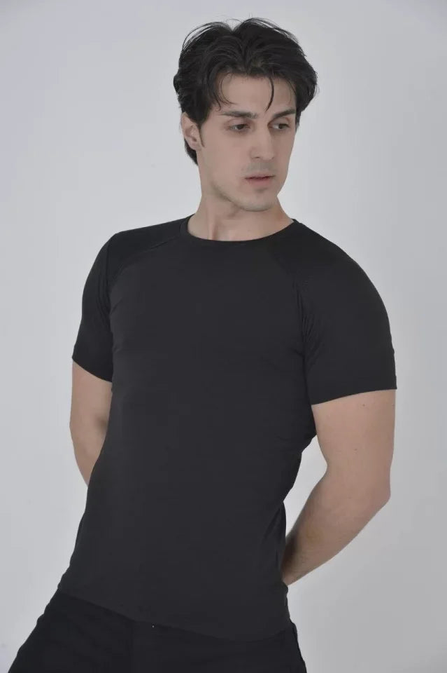 Erkek Omuz Fileli Slim Fit T-shirt - Siyah (92836)