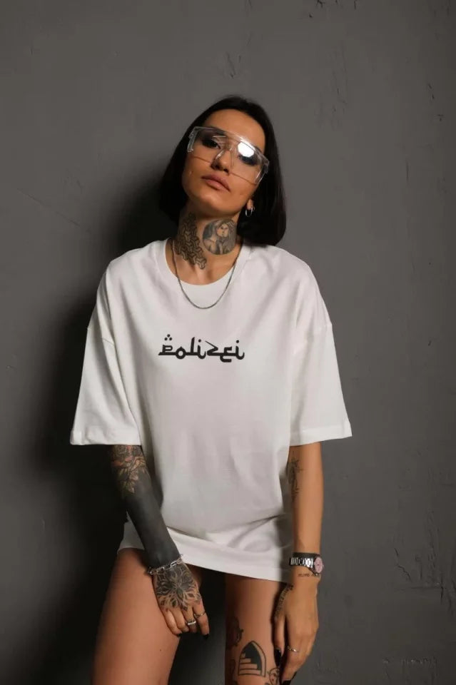 Bisiklet Yakalı Sırt Baskılı Oversize T-Shirt - Beyaz (92843)
