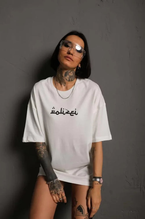 Bisiklet Yakalı Sırt Baskılı Oversize T-Shirt - Beyaz (92843)