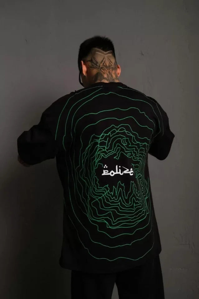Erkek Bisiklet Yakalı Sırt Baskılı Oversize T-Shirt - Siyah (92844)