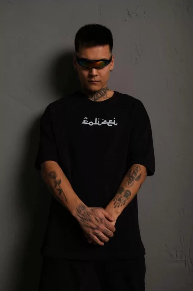 Erkek Bisiklet Yakalı Sırt Baskılı Oversize T-Shirt - Siyah (92844)