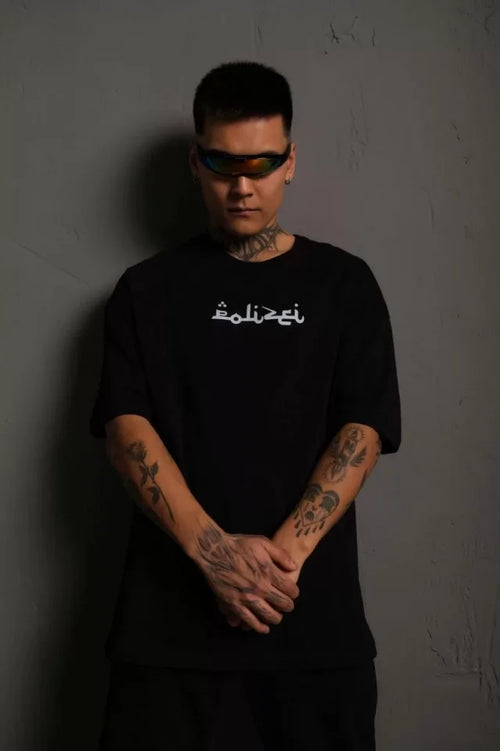 Erkek Bisiklet Yakalı Sırt Baskılı Oversize T-Shirt - Siyah (92844)