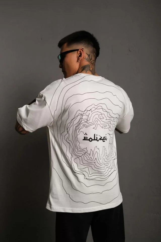 Erkek Bisiklet Yakalı Sırt Baskılı Oversize T-Shirt - Beyaz (92845)