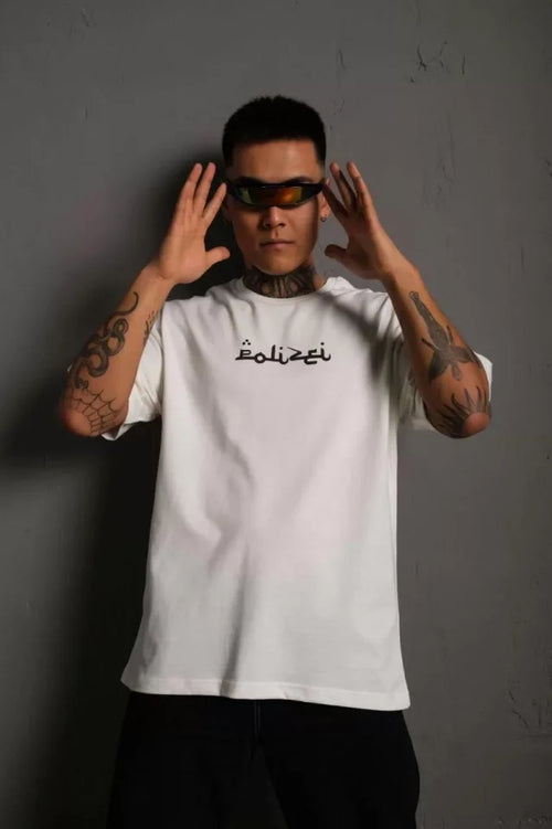 Erkek Bisiklet Yakalı Sırt Baskılı Oversize T-Shirt - Beyaz (92845)