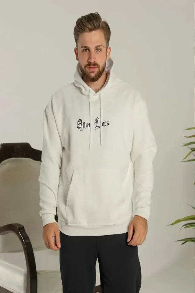 Erkek Sırt Baskılı Oversize Üç İplik Kapüşonlu Sweatshirt - Beyaz (92846)
