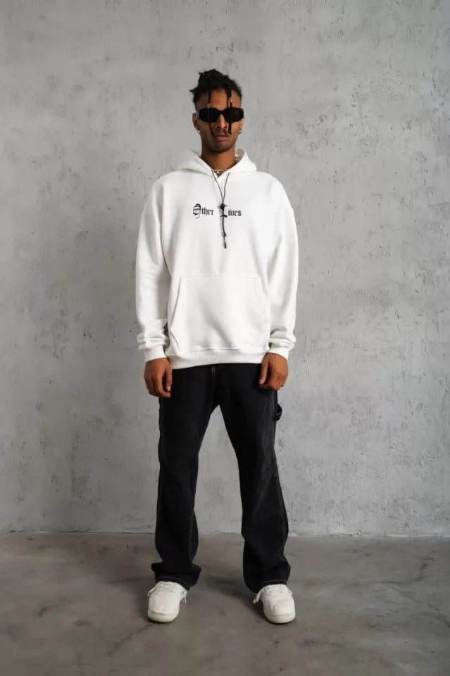 Erkek Sırt Baskılı Oversize Üç İplik Kapüşonlu Sweatshirt - Beyaz (92846)